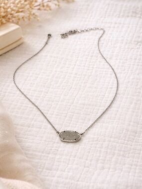 Kendra Scott Elisa Silver Druzy Necklace White Crystal Pendant Adjustable Chain